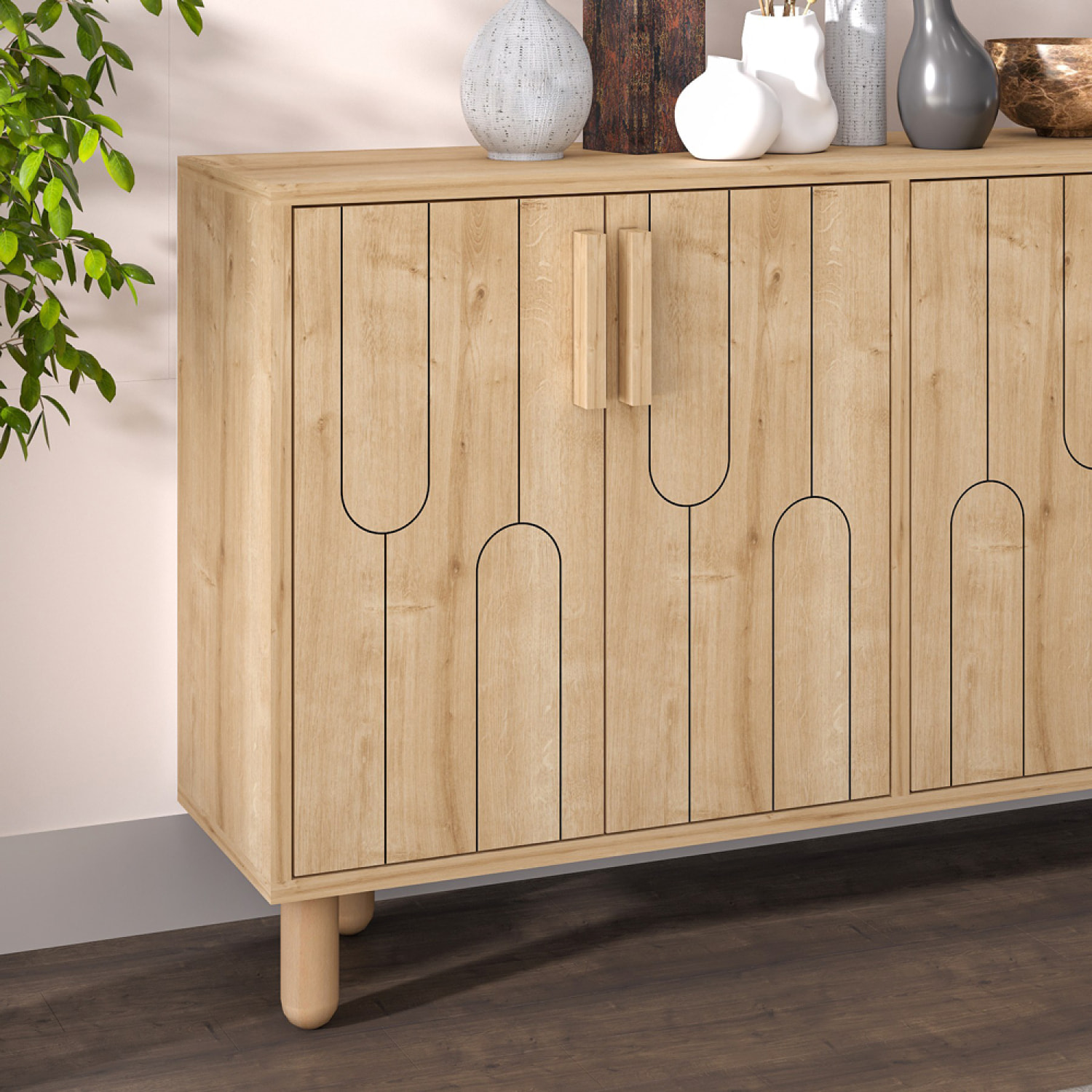 CIRACUSE Buffet 4 portes aspect bois design graphique120x73cm