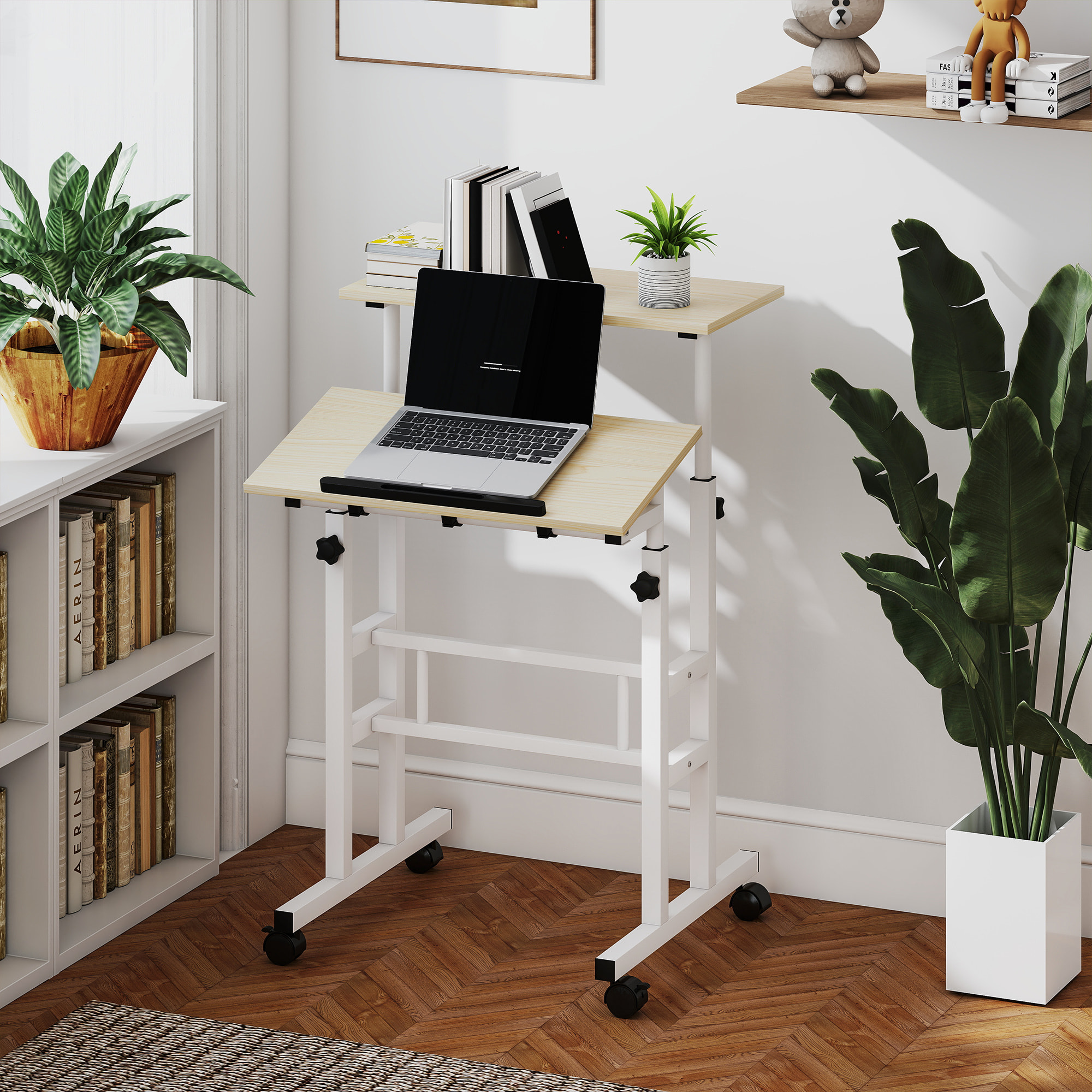 Bureau assis debout inclinable réglable H.70,5-120 cm mobile 2 plateaux métal blanc effet bois clair