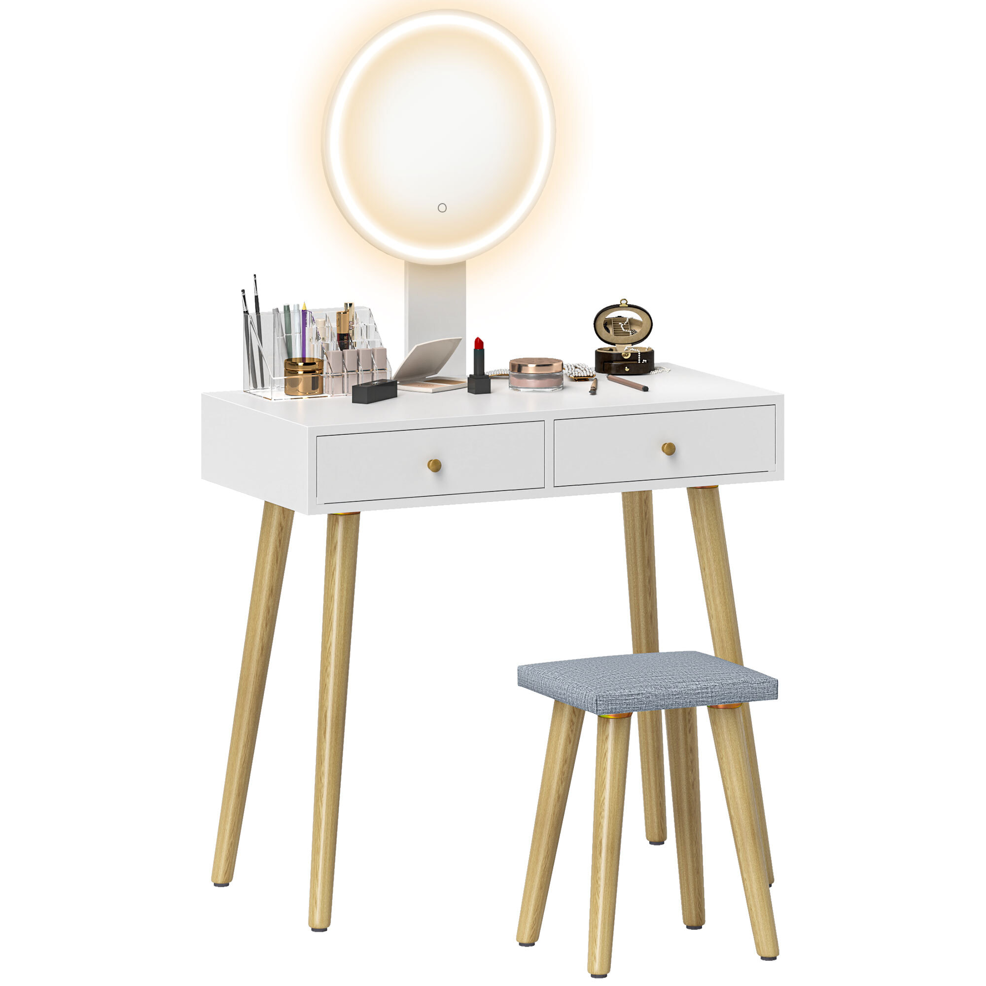 Tocador de Maquillaje con Luz LED y Taburete Mesa de Maquillaje con Espejo Brillo Ajustable 3 Colores 2 Cajones y Organizador Tocador Moderno para Dormitorio 80x43x133 cm Blanco