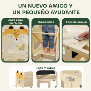 Torre de Aprendizaje 3 en 1 Plegable, Convertible en Escritorio y Silla, Taburete de Aprendizaje para Niños de 2-5 Años con Pizarra, Dibujos de Zorros, para Baño, Cocina, Natural
