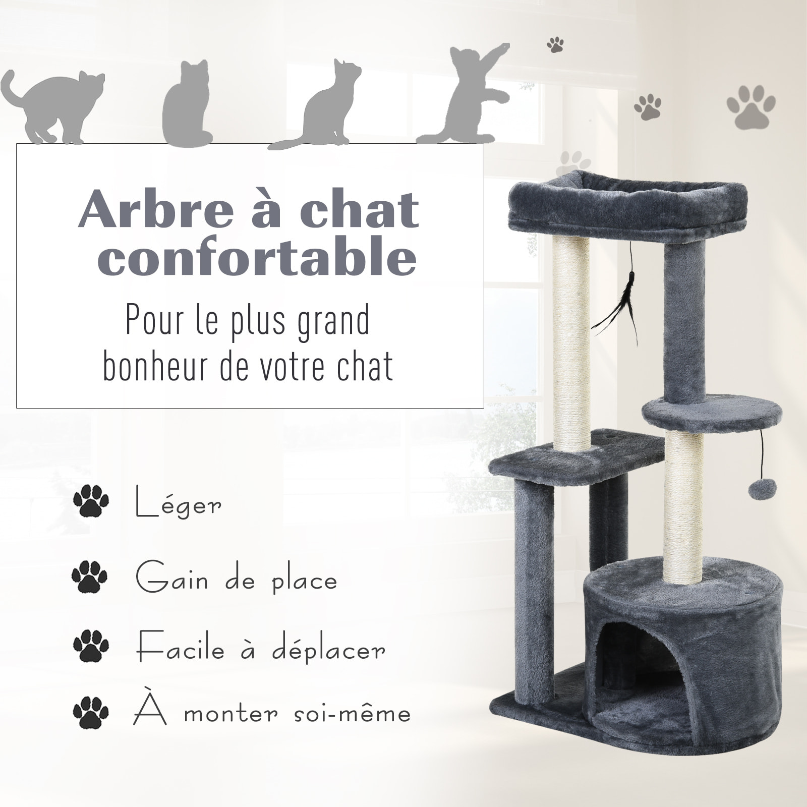 Arbre à chats avec griffoirs grattoirs sisal naturel centre d'activités niche plateformes 2 jouets suspendus gris