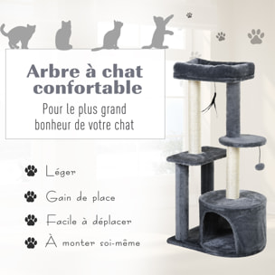 Arbre à chats avec griffoirs grattoirs sisal naturel centre d'activités niche plateformes 2 jouets suspendus gris