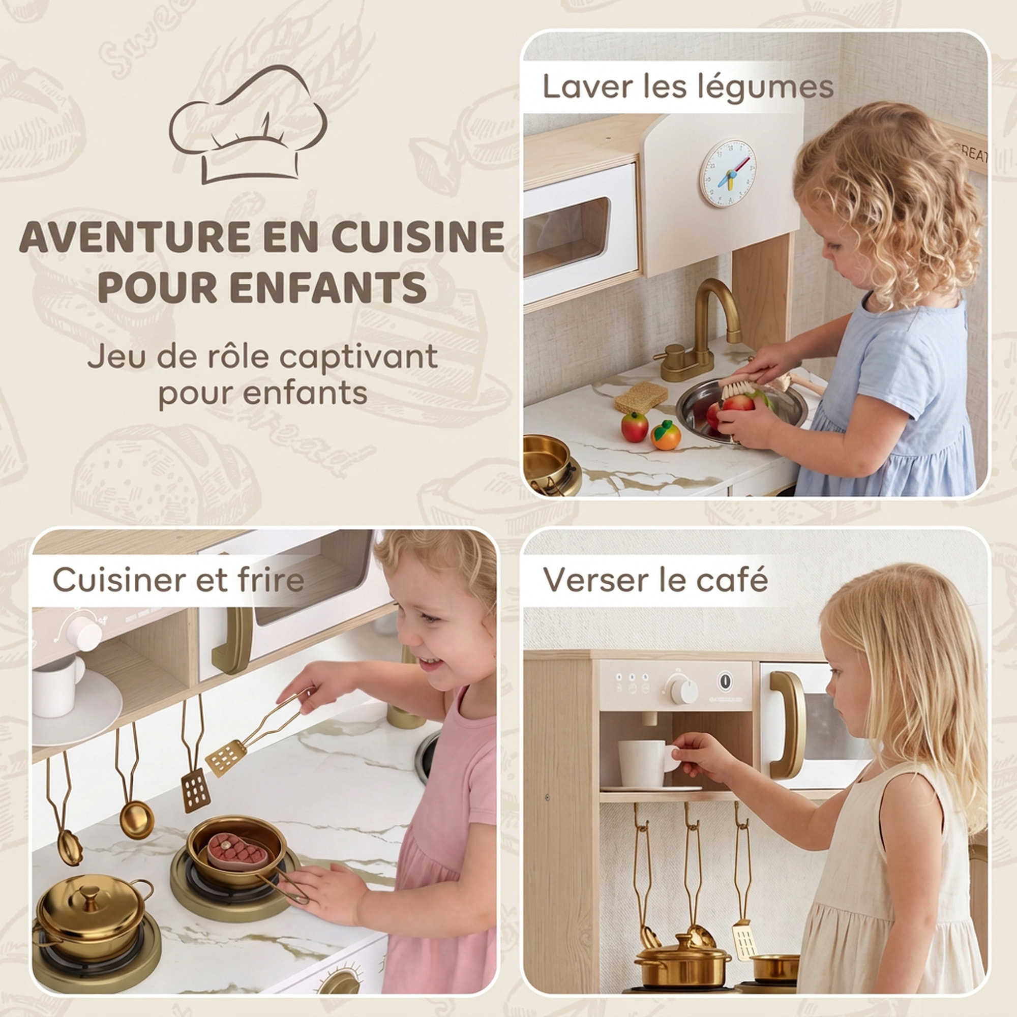 Cuisine enfant bois design rétro équipement et accessoires multiples