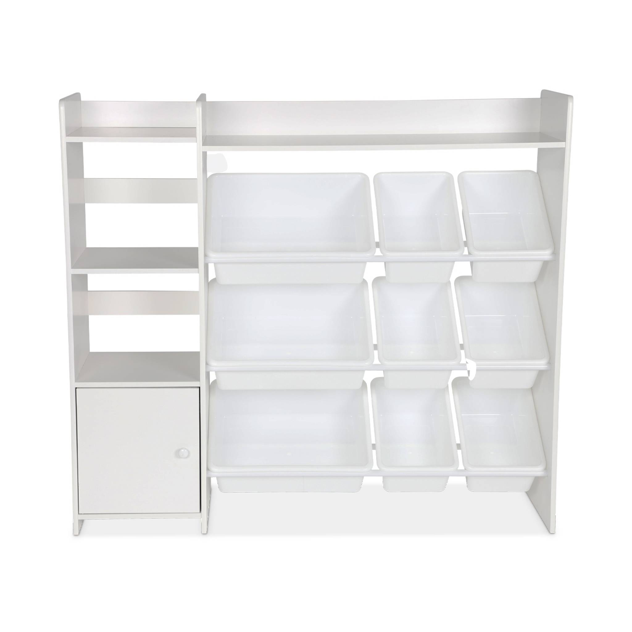 Meuble de rangement enfant. blanc. 9 bacs de rangement. 4 étagères. 1 porte