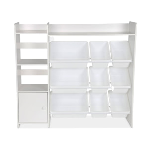 Meuble de rangement enfant. blanc. 9 bacs de rangement. 4 étagères. 1 porte