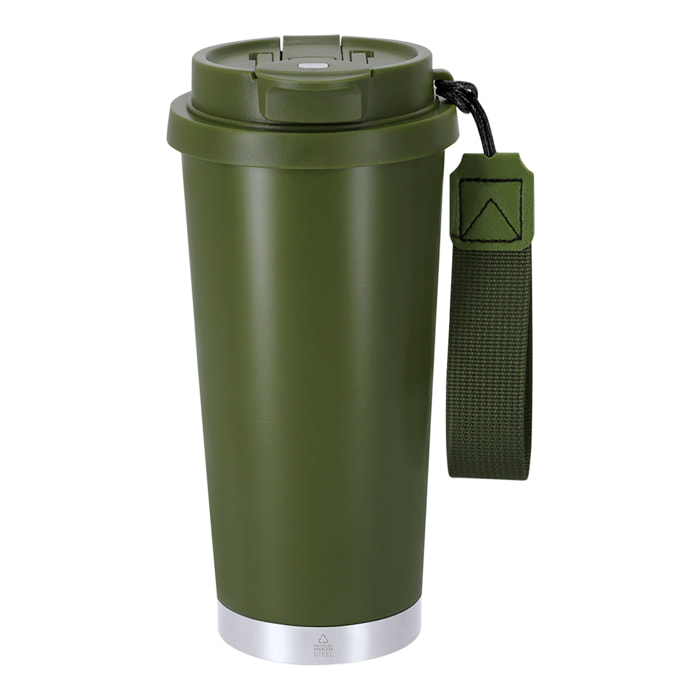 Bicchiere termico con capacità di 500 ml in Acciaio Inossidabile Riciclato. È dotato di un doppio sistema di bevanda: apertura con chiusura ermetica e cannuccia integrata. Senza BPA.