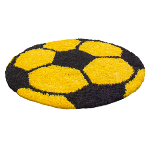FUN - Tapis enfant shaggy rond à poils long motif ballon de foot jaune