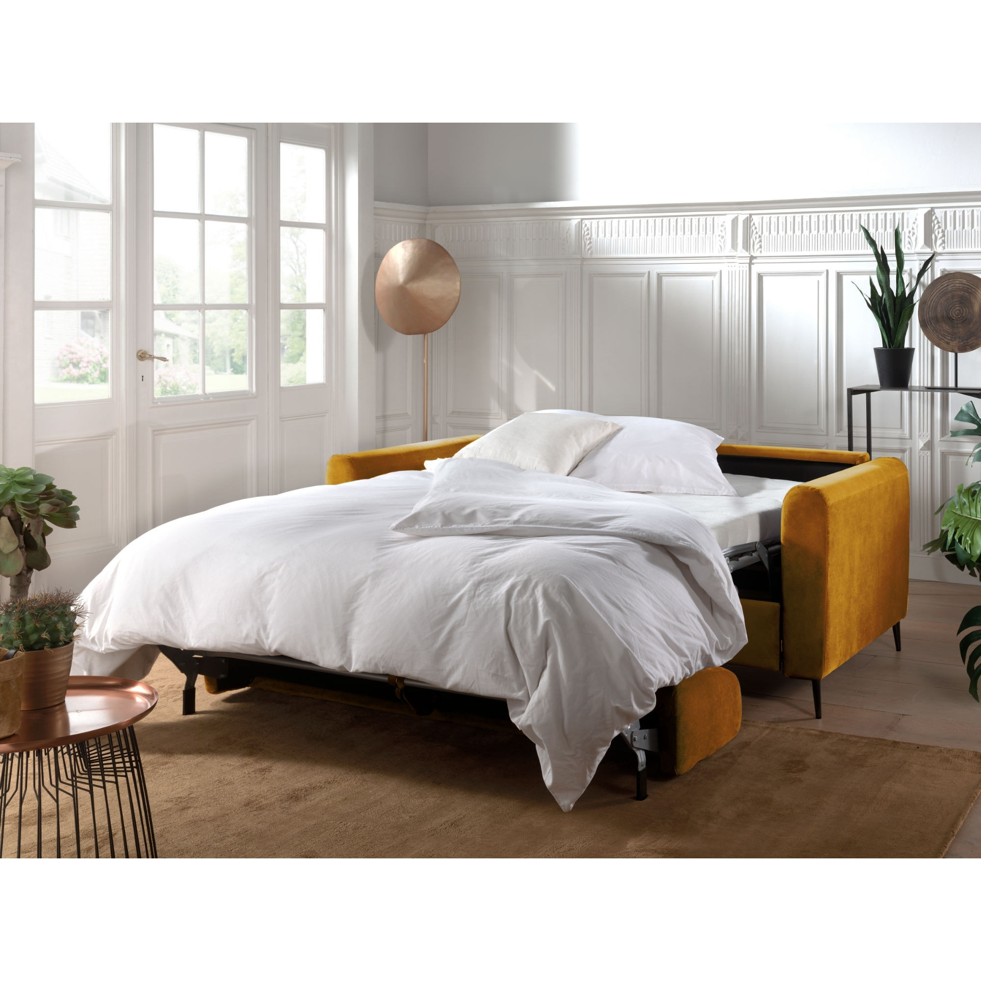 Owen - canapé 3 places convertible - couchage quotidien - matelas 12 cm - en velours - Jaune
