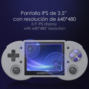 DAM Consola emulador multiplataforma RG353P. 3,5'' IPS; Quad Core 1,8GHz, 16GB+128GB. Android 11 + Linux. WiFi. +22.000 juegos. 17,4x2x8,1 Cm. Color: Gris