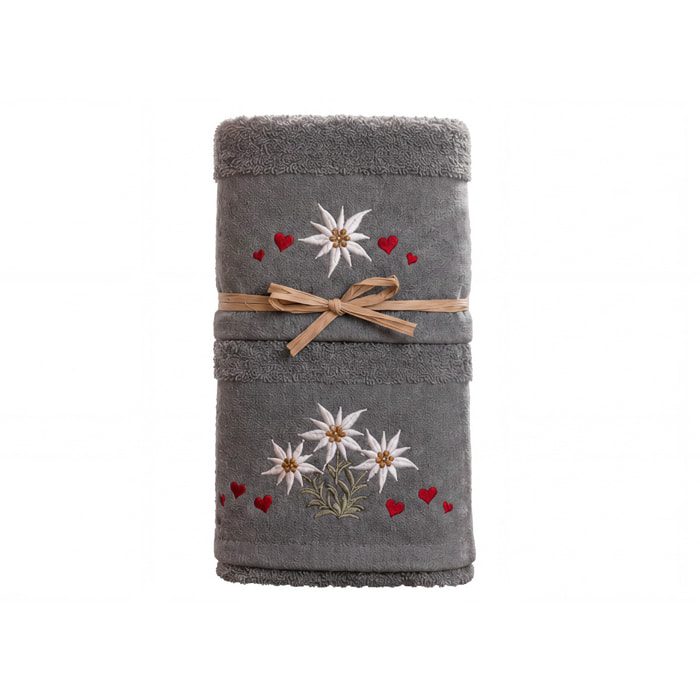 Set Asciugamano Ospite in Spugna 100% Cotone Fantasia Tirolese Natalizia Disegno Fiore delle Alpi Grigio