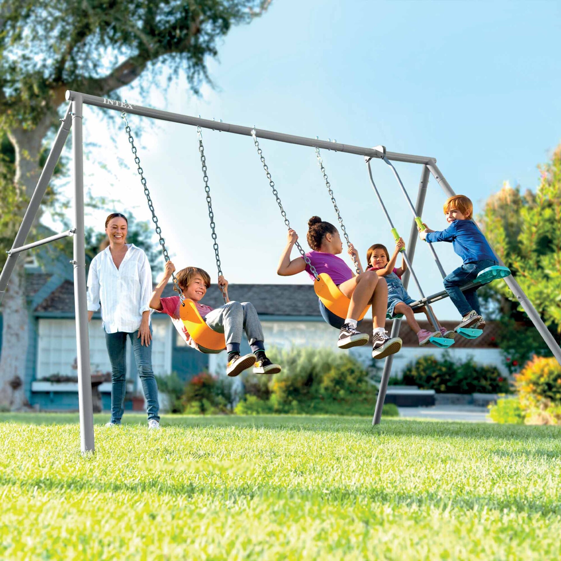 Intex Altalena Swing Set Grigia, Due Seggiolini e Dondolo, 343x249x203 cm