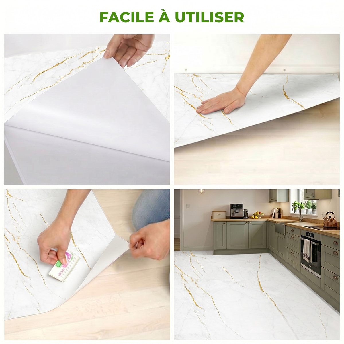Sticker Sol avec laminat de Protection en Plastique Anti-dérapant | Stickers adhésif Sol - SOL MARBRE BLANC ET DORURES - 1 sticker