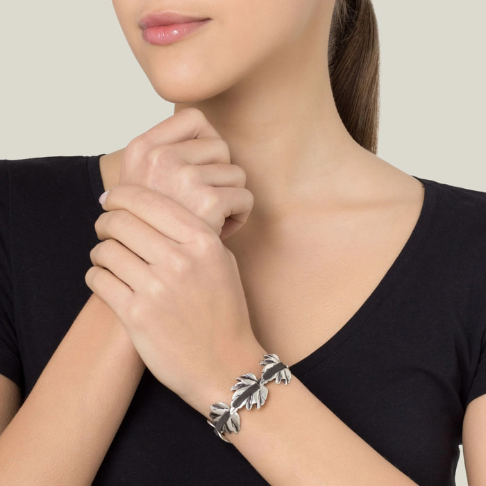 Pulsera piel y plata chapado hojas ajustable multihoja
