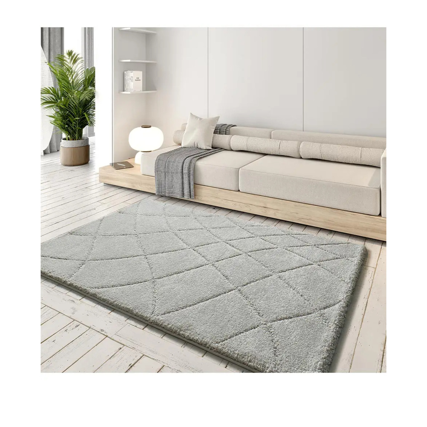 MOLIER Alfombra shaggy con formas abstractas en plata, varias medidas disponibles.