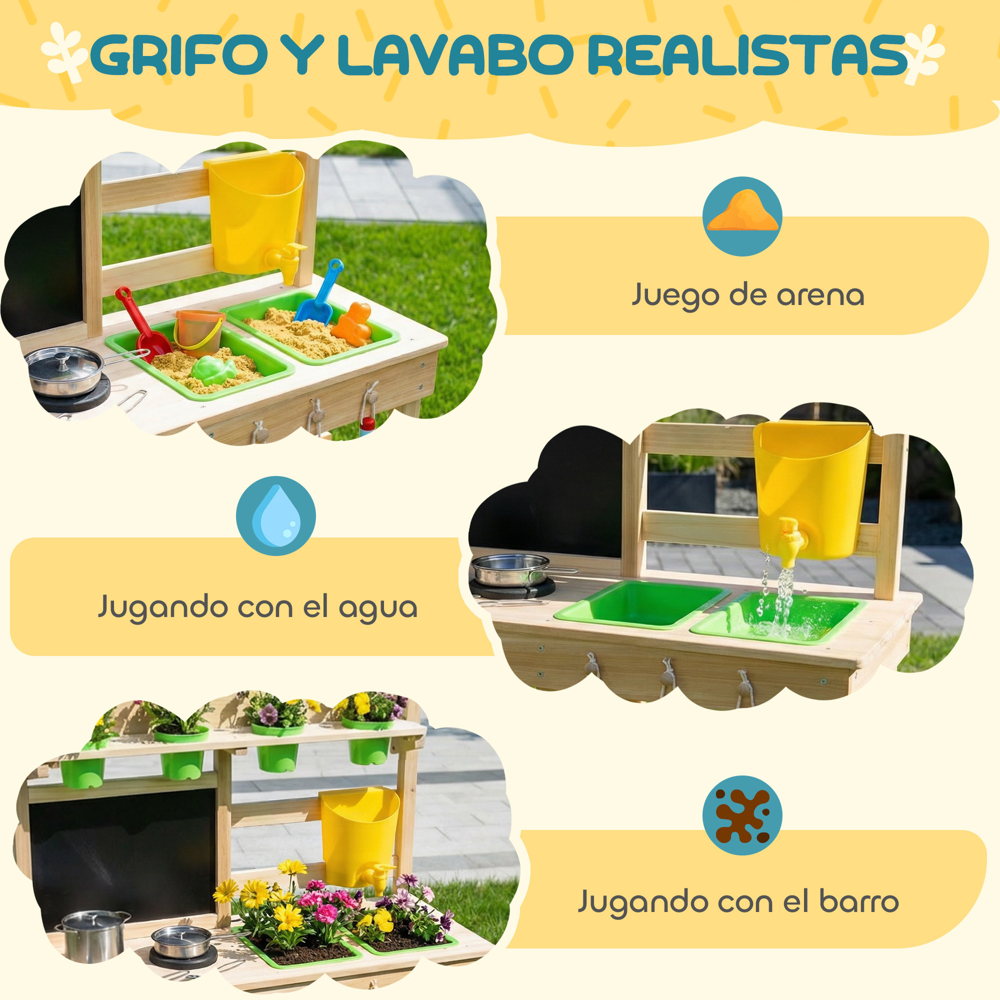 Cocina de Juguete Exterior, Cocinita Infantil de Madera con Macetas, Fregaderos, Grifo, Utensilios de Acero Inoxidable, Pizarra, Estantes, Ganchos, Juguetes para Niños 3-6 Años, Natural