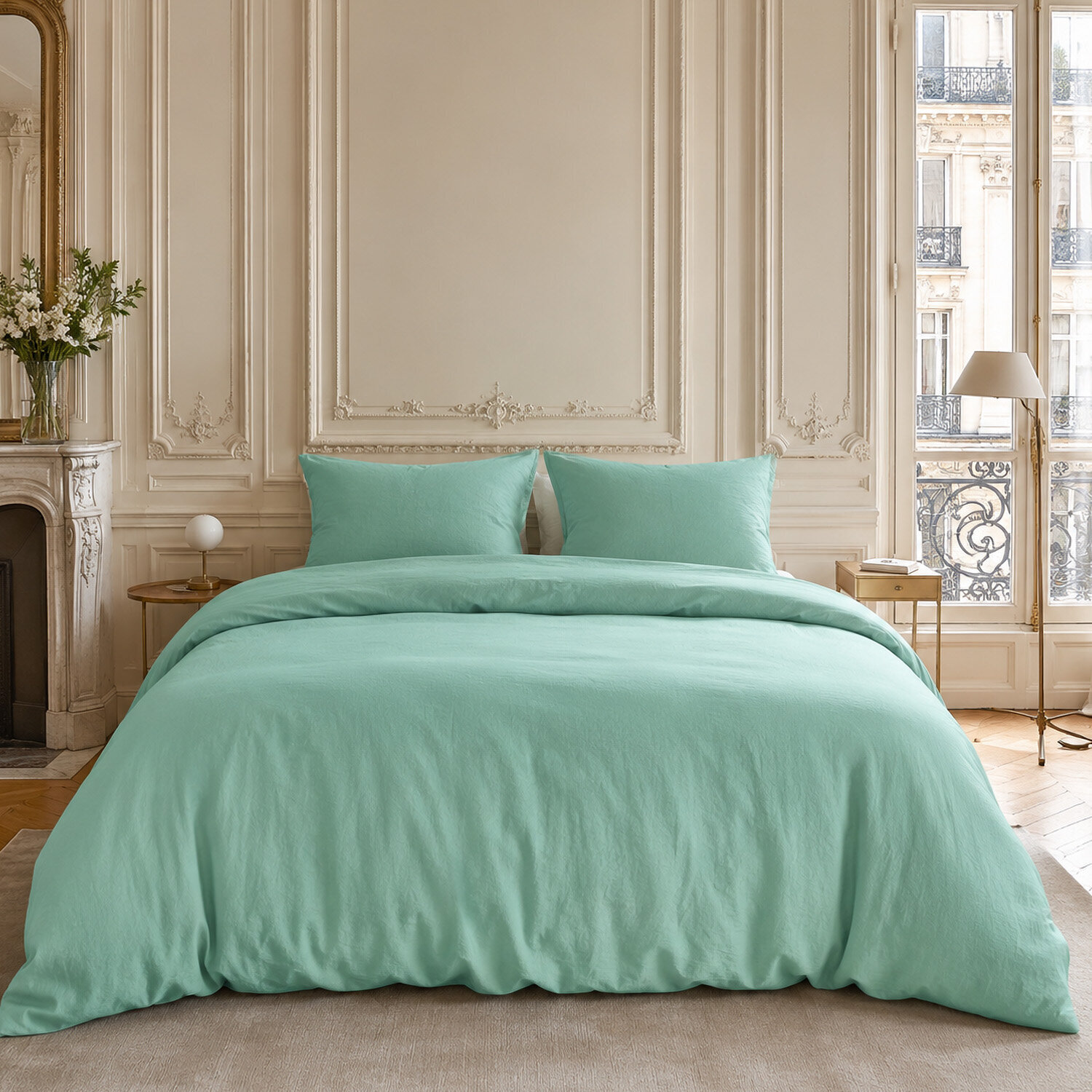 Parure housse de couette coton/lin unie bleu aqua, HAVEN