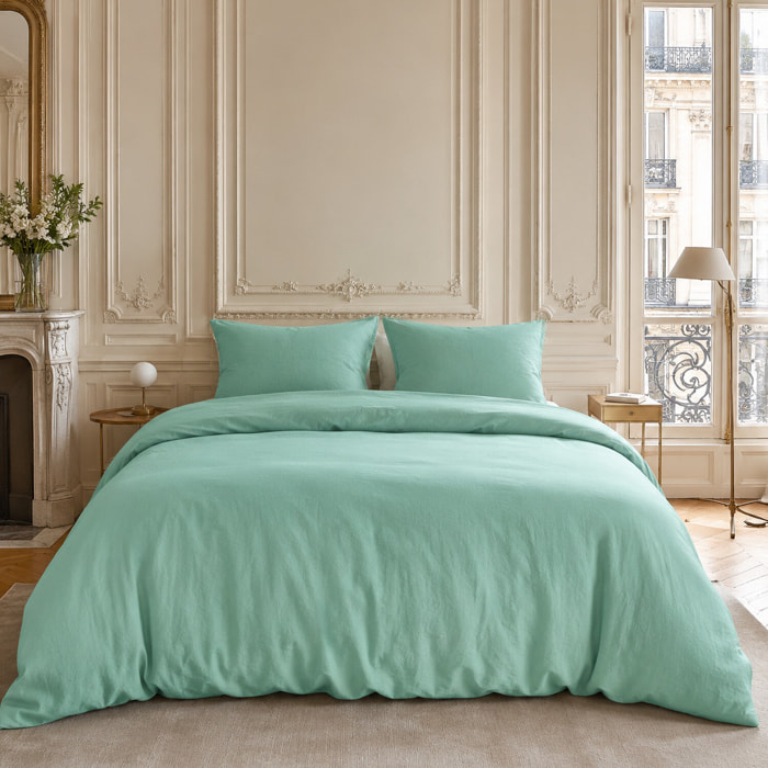 Parure housse de couette coton/lin unie bleu aqua, HAVEN