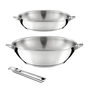 Eclipse - Set di pentole da 3 pezzi : Wok Ø 28 cm, padella Ø 24 cm e manico rimovibile