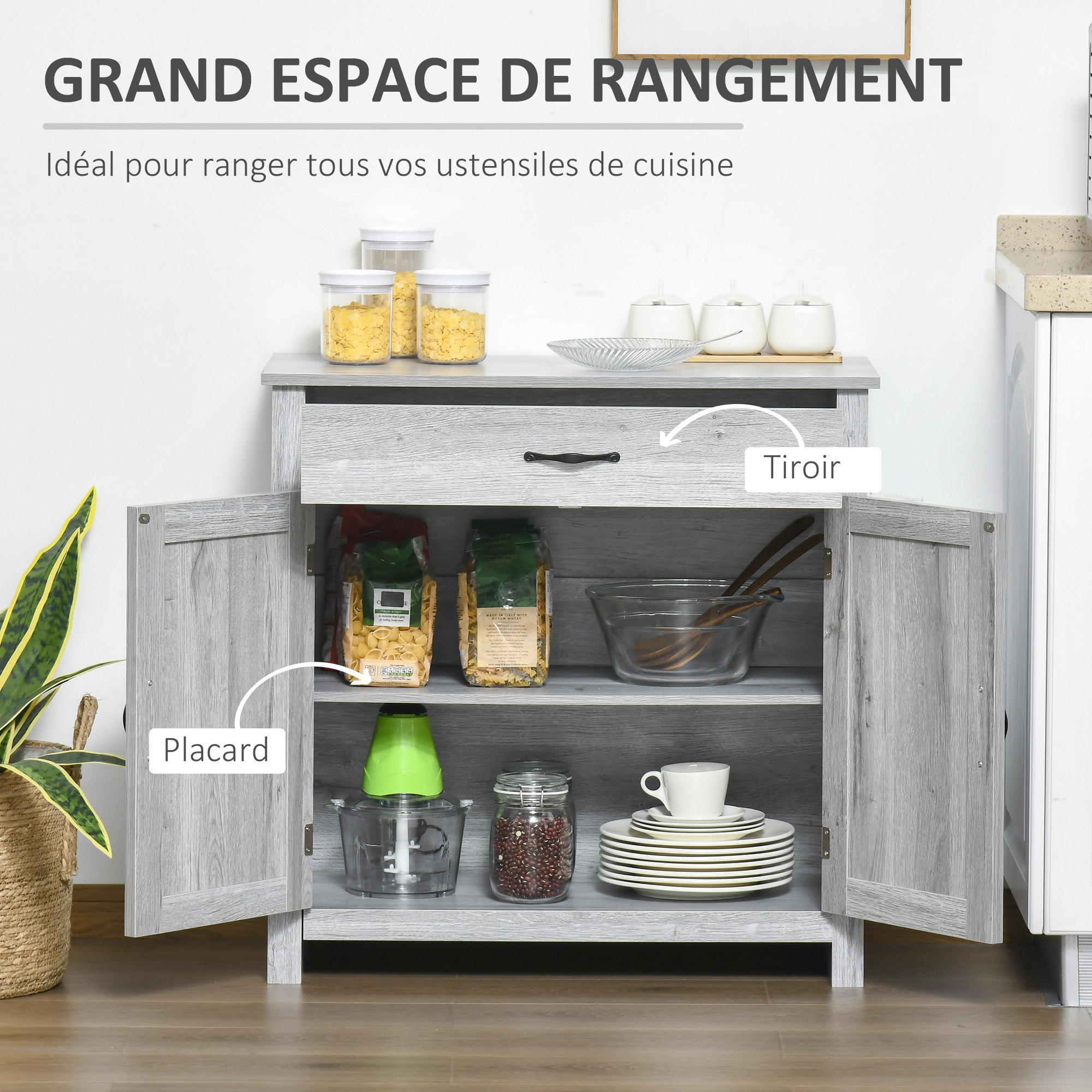 HOMCOM Buffet 2 portes tiroir style rural chic placard avec étagère poignées métal noir MDF panneaux particules aspect bois gris clair