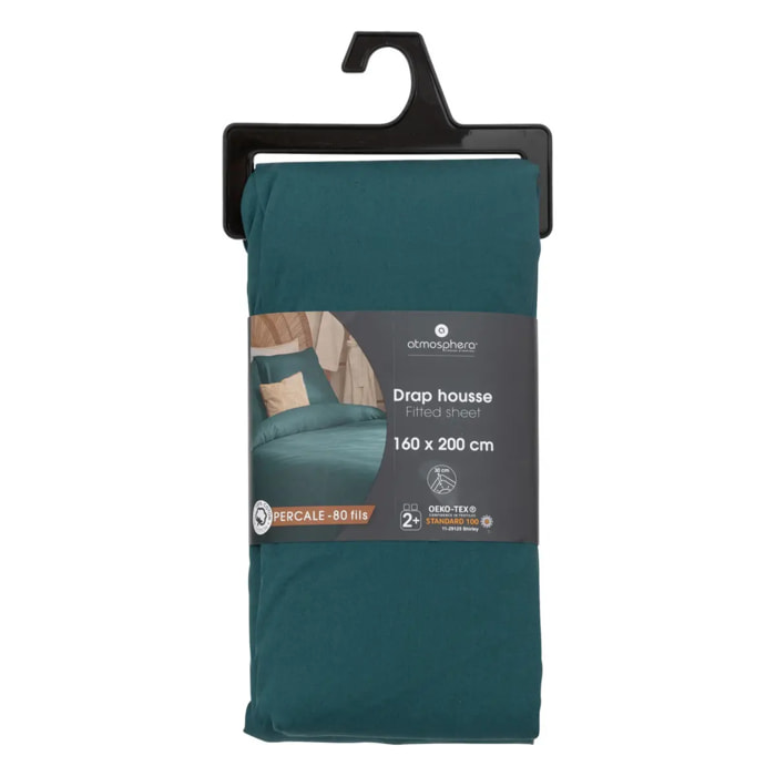 Drap-housse - percale - bleu - 160x200 cm
