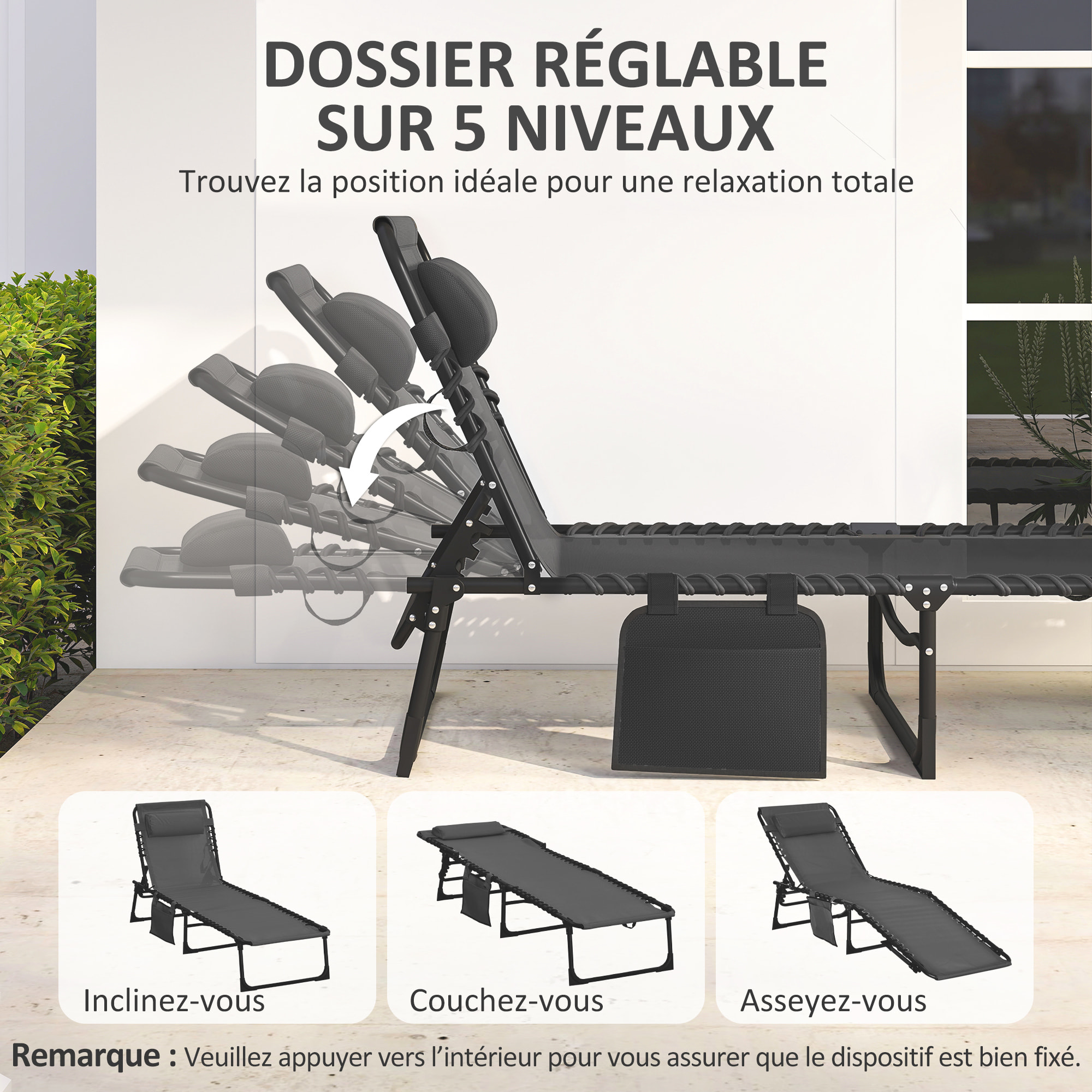 Bain de soleil transat pliable dossier inclinable acier époxy noir lacets élastiques textilène noir