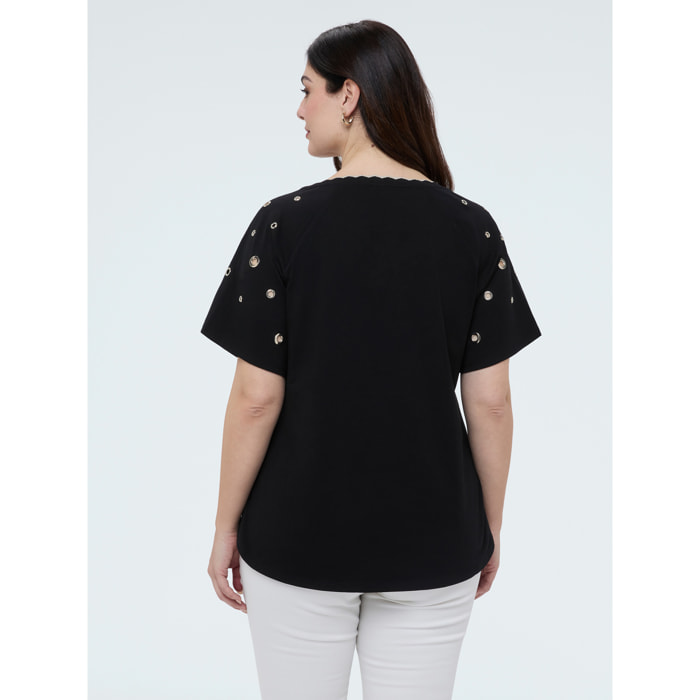 Fiorella Rubino - Camiseta con escote festoneado y ojales - Negro
