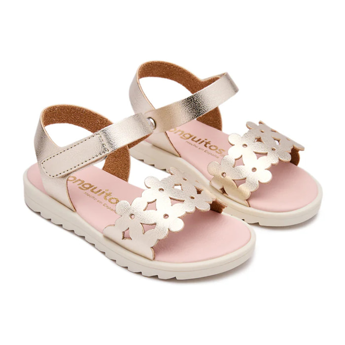 Sandalias de Niña Doradas Brillantes con Corte Floral