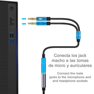 Convertitore splitter da minijack (femmina) a doppio minijack maschio (microfono e altoparlante). Usa le cuffie con microfono integrato e un semplice minijack sul tuo PC.