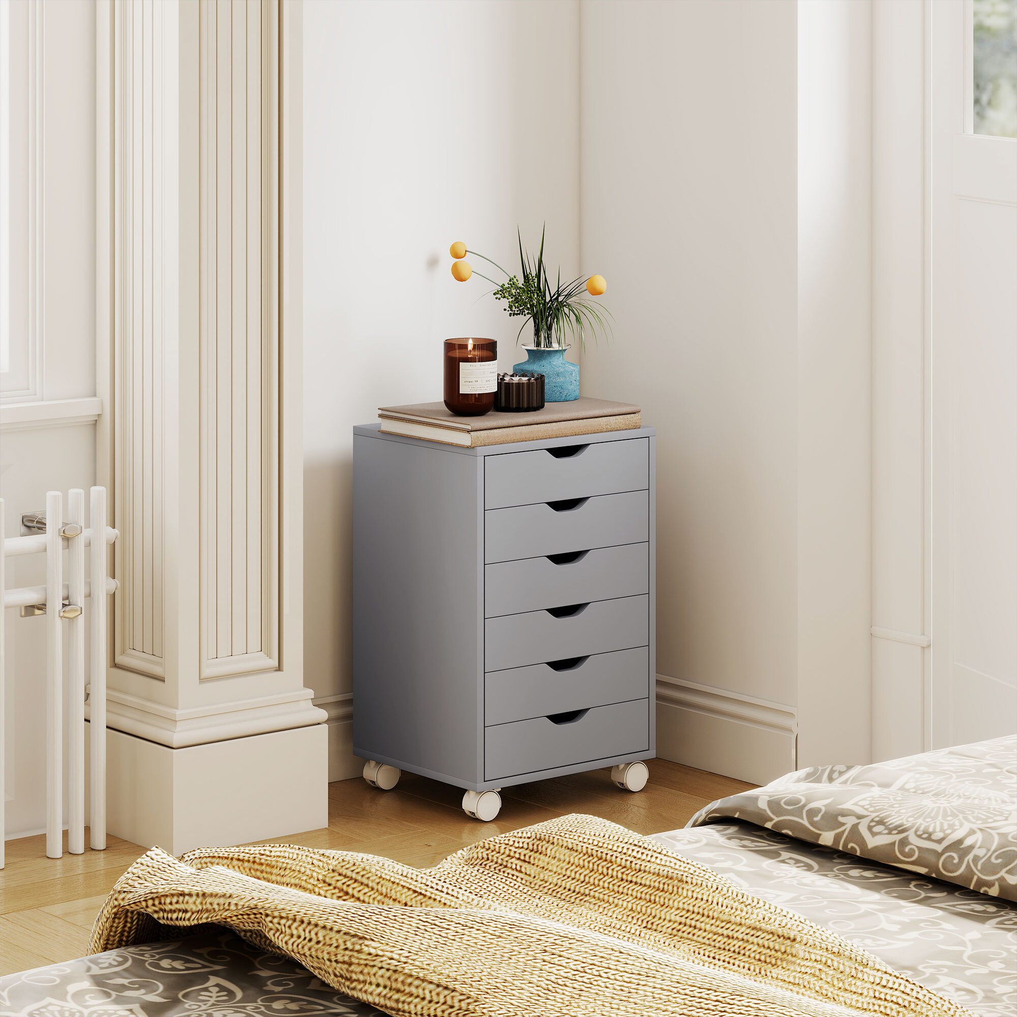 Cajonera Escritorio, Archivador Móvil con 6 Cajones, Soporte para Impresora con Ruedas, Guías Deslizantes Silenciosas, para Oficina, Casa, Gris