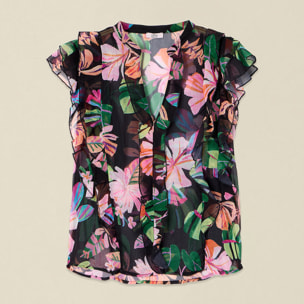 Oltre - Blusa fantasia con volant - Nero