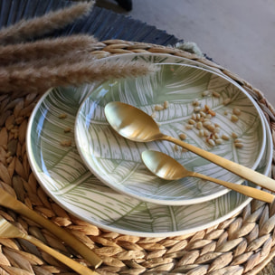 Lot de 6 assiettes plates 26cm en grès à motif vert LEAVES