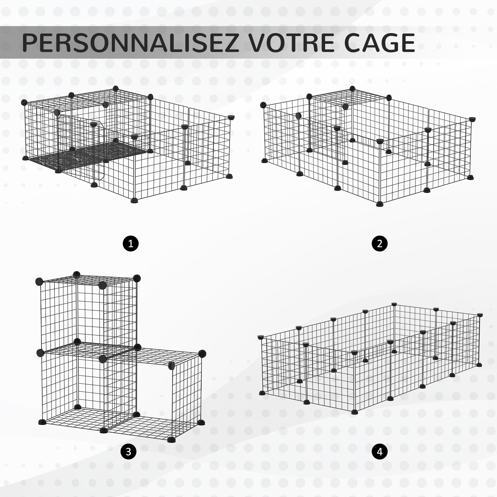 Cage parc enclos rongeurs modulable dim. L 105 x l 70 x H 35 cm résine PP fil métallique noir