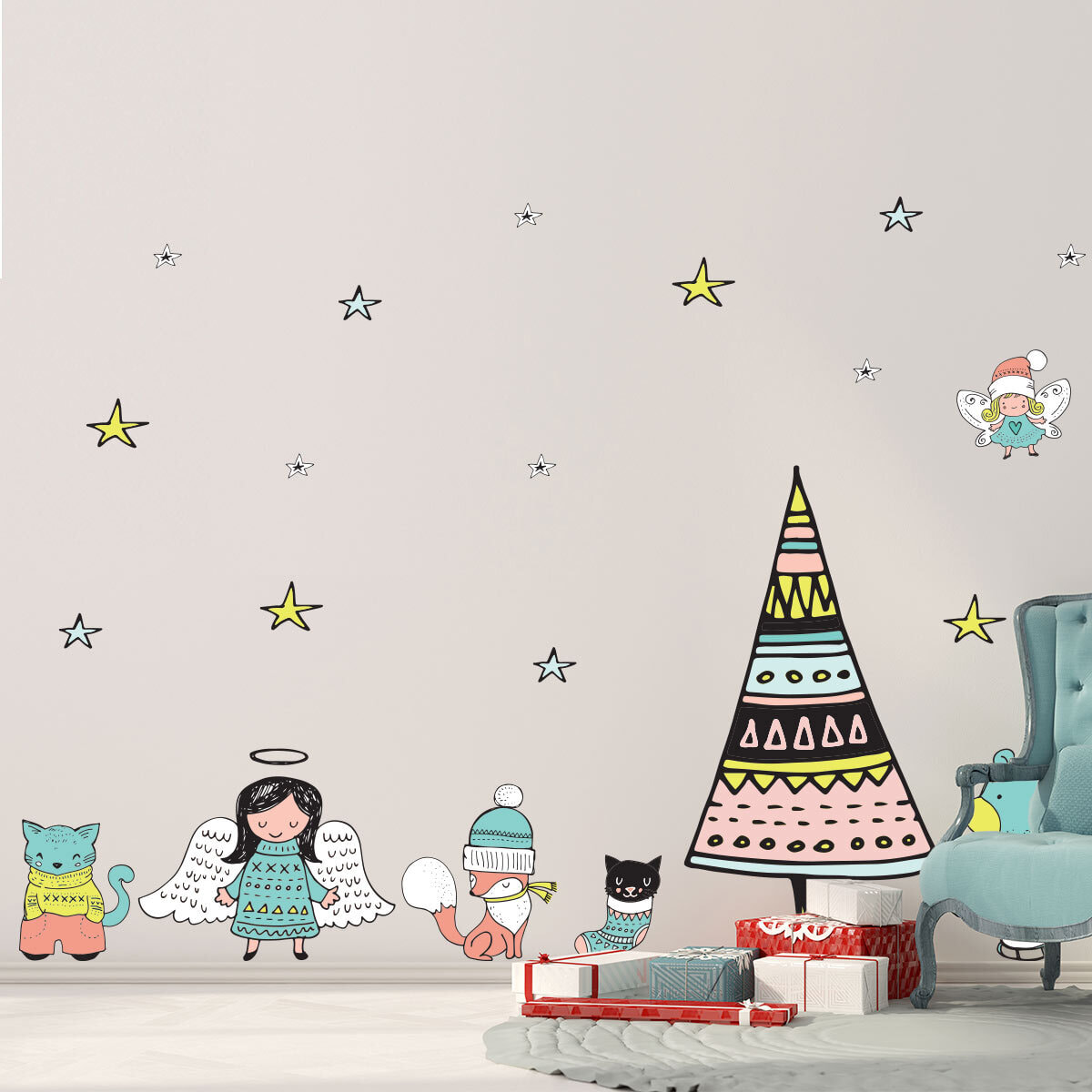 Stickers Noël scandinave féérique - Autocollants stickers adhésifs noël - décoration fêtes