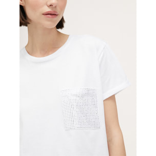 Motivi - Camiseta bimaterial con bolsillo de pedrería - Blanco