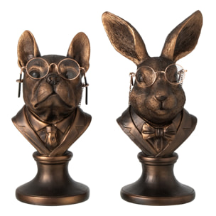 J-Line Buste chien et lapin - polyrésine - bronze - assortiment de 2