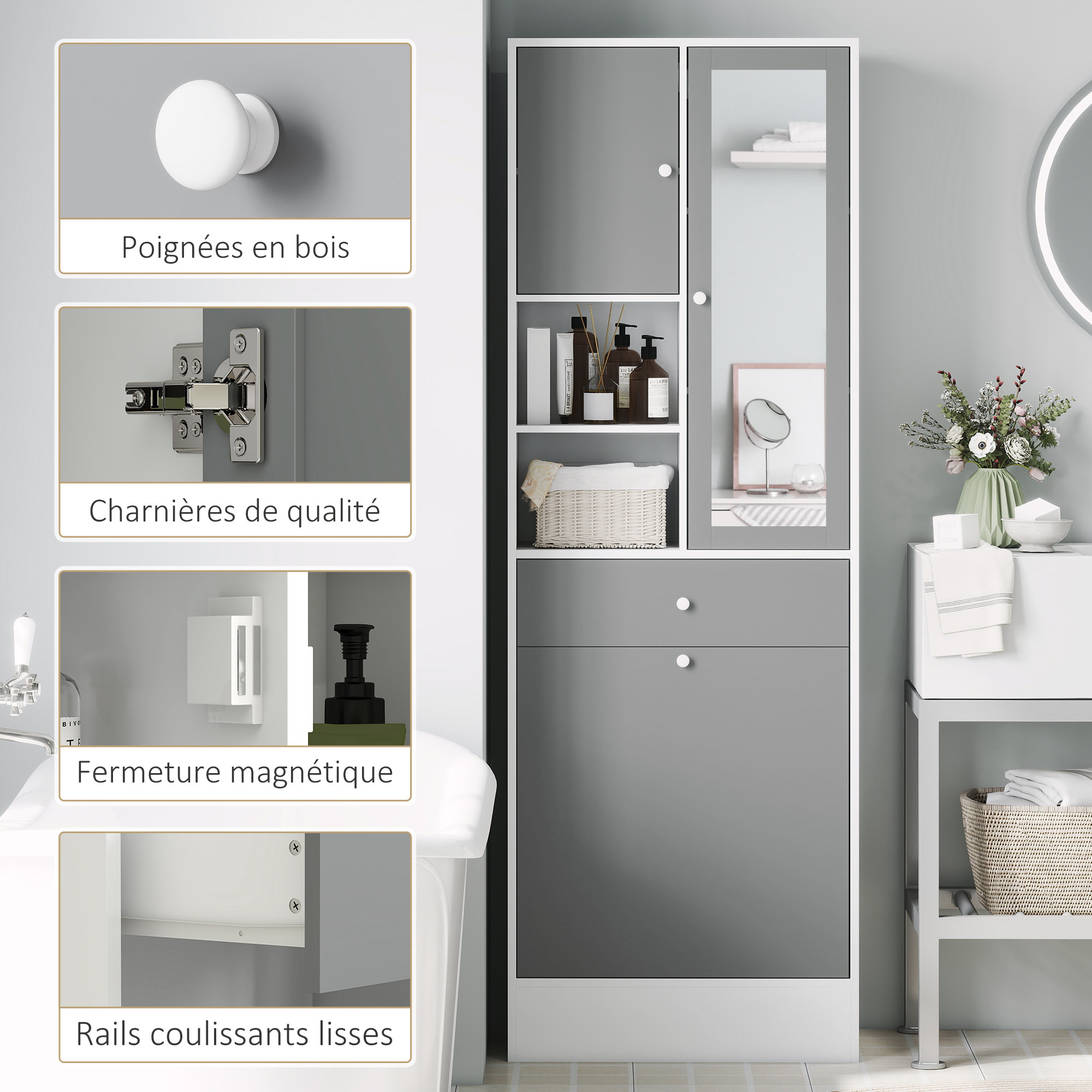 Meuble haut de salle de bain avec miroir - panier à linge à bascule, 2 portes, 3 étagères, 2 niches, tiroir - blanc gris