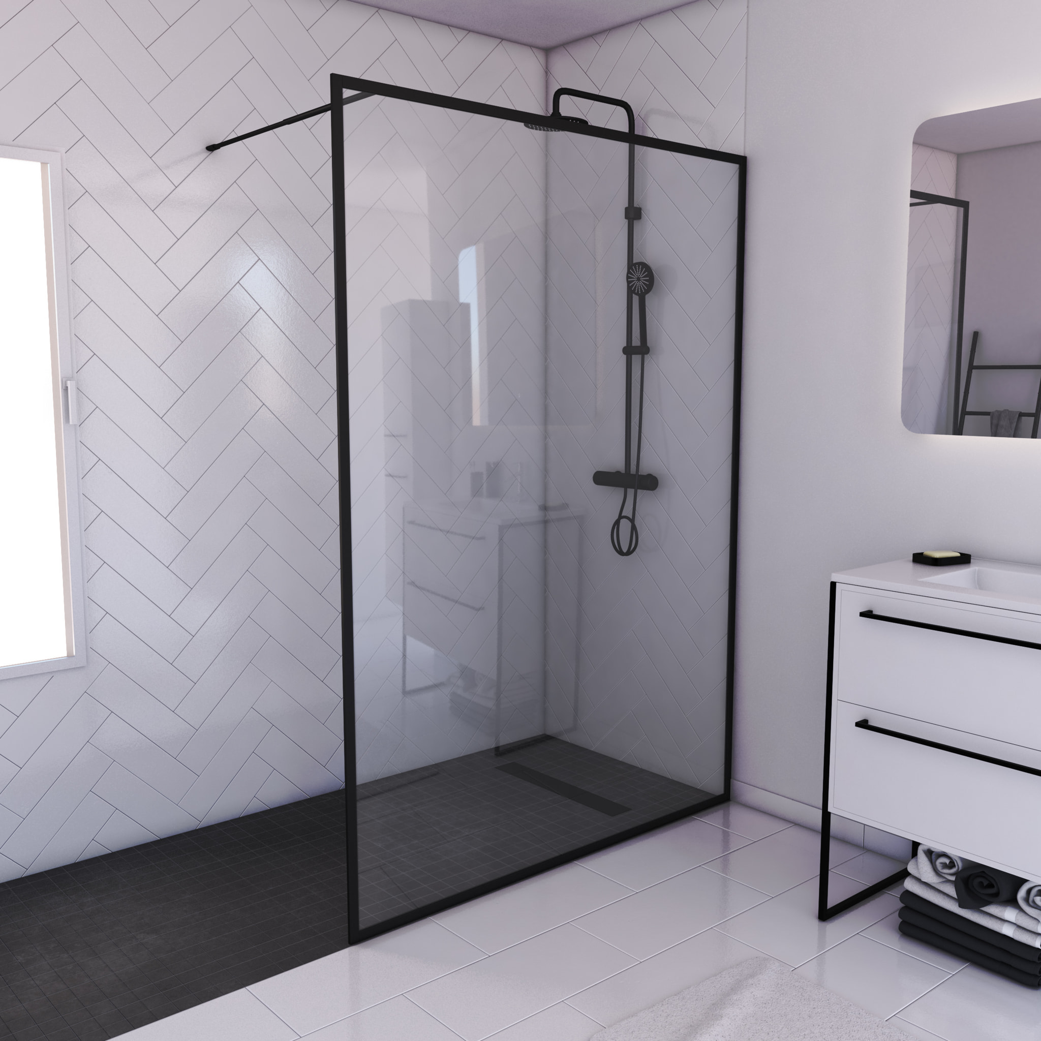 Paroi de Douche 140x200 cm - Cadre et Bras Aluminium NOIR MAT - DARK CONTOURING