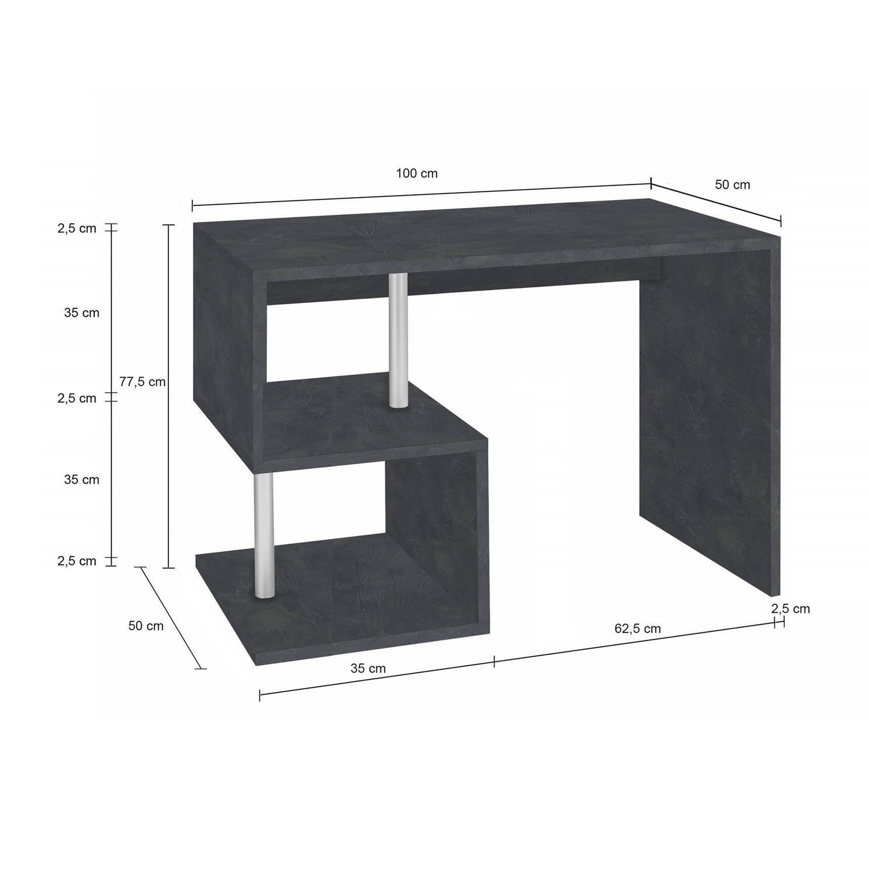 Scrivania moderna ad Esse per ufficio e studio con scaffale, Made in Italy, Tavolo da computer, Scrittoio porta PC, cm 100x50h78, colore Grigio Cenere