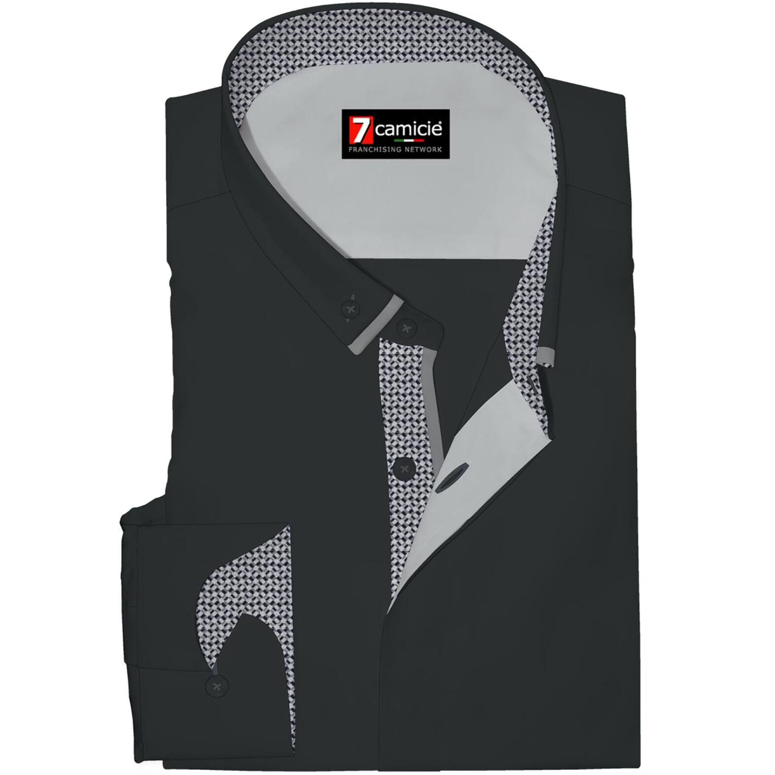 Camicia 1 Bottone Button Down Slim Uomo Popeline Stretch Unito Nero
