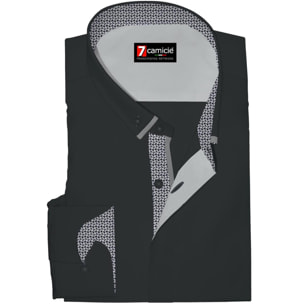 Camicia 1 Bottone Button Down Slim Uomo Popeline Stretch Unito Nero