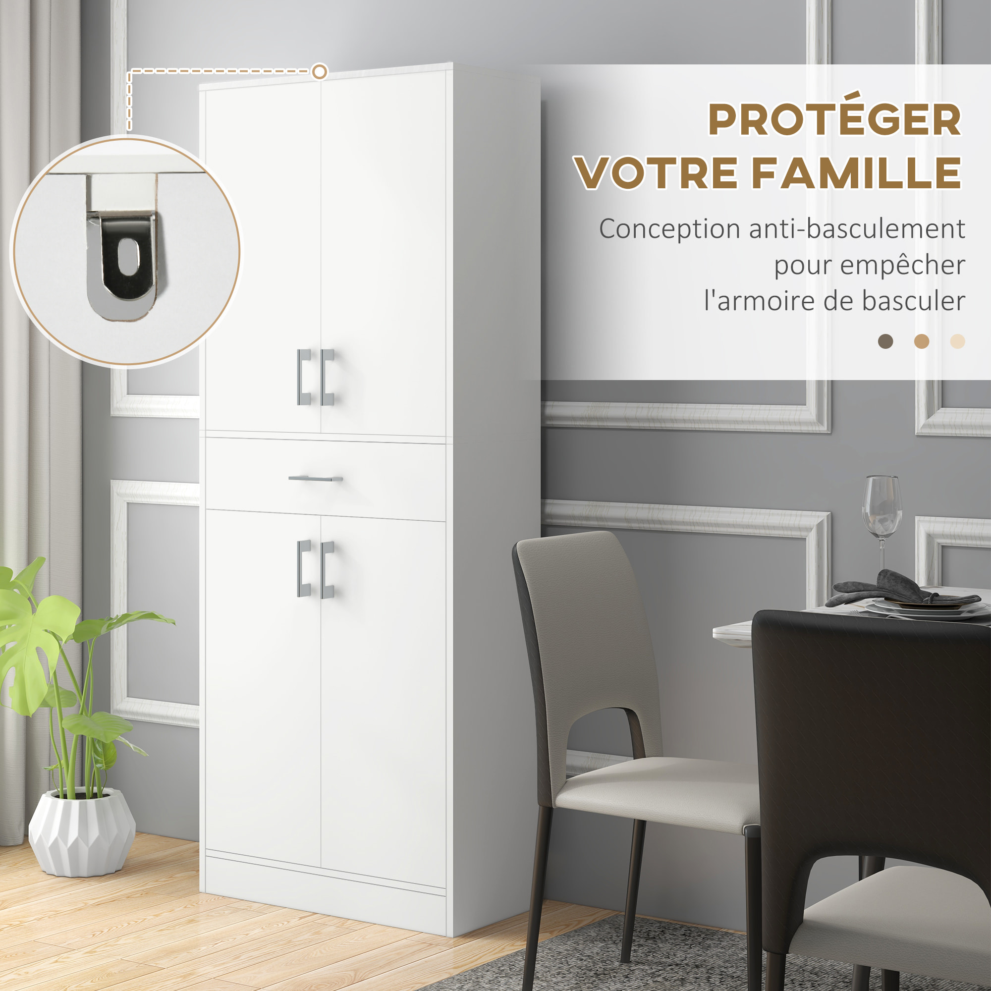 Buffet haut de cuisine blanc mat style contemporain - 4 portes, 2 étagères réglables, tiroir coulissant