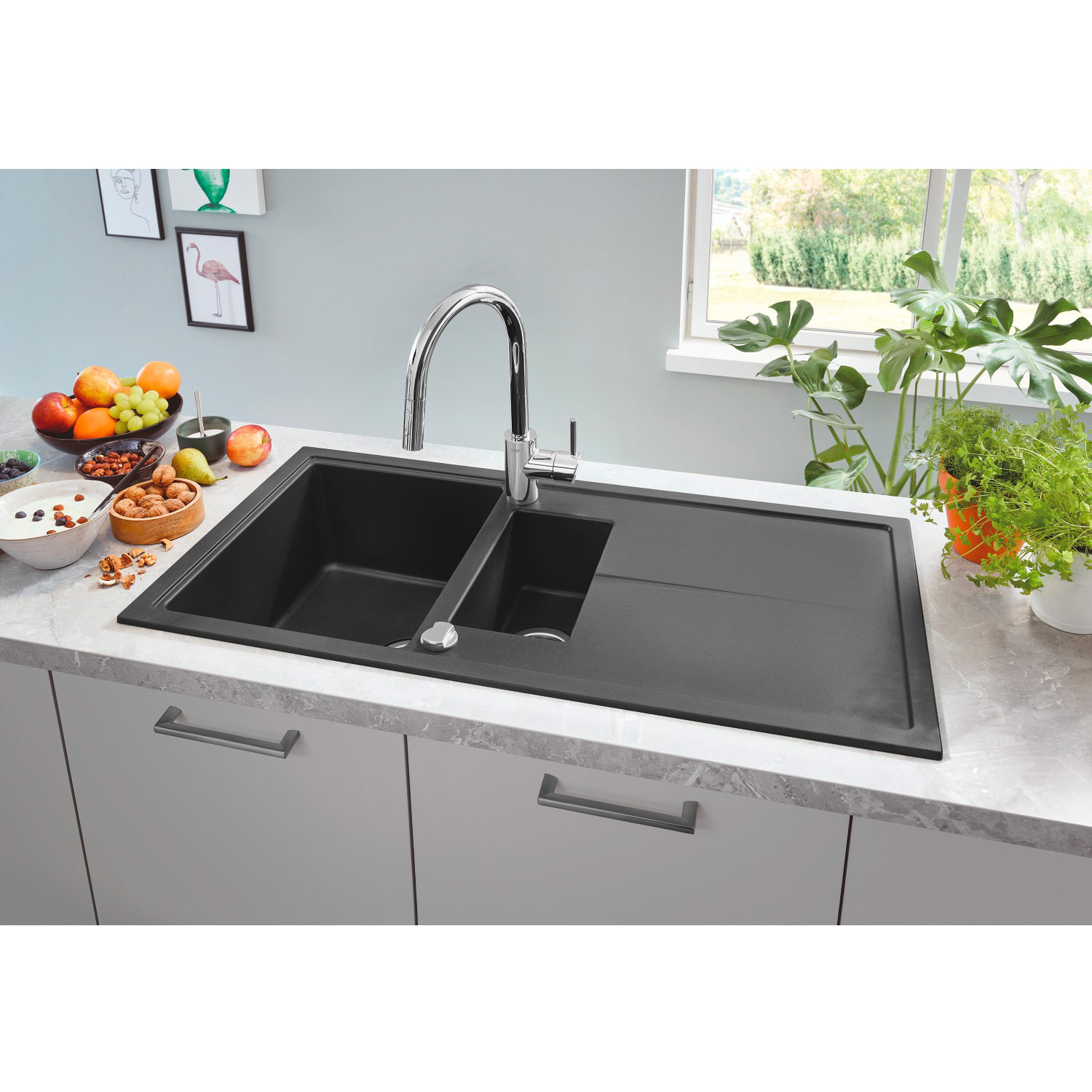 GROHE Évier 1 bac avec saucier et égouttoir K400 - noir granite - 100 x 50 cm