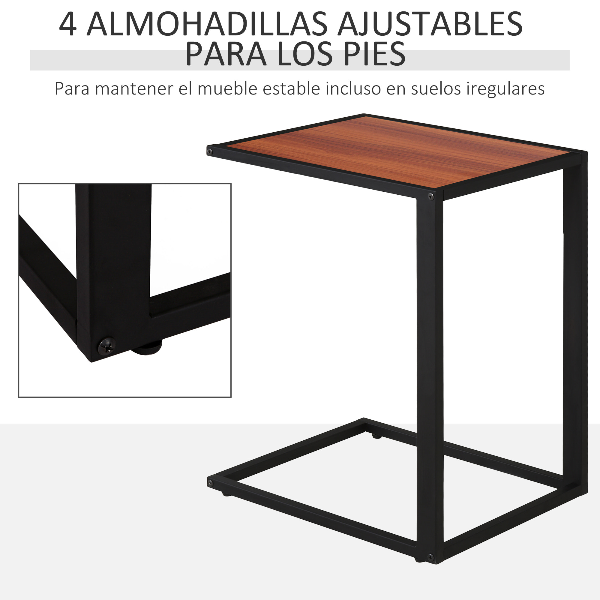 Mesa Auxiliar en Forma de C para Sofá de Metal y Madera Nogal