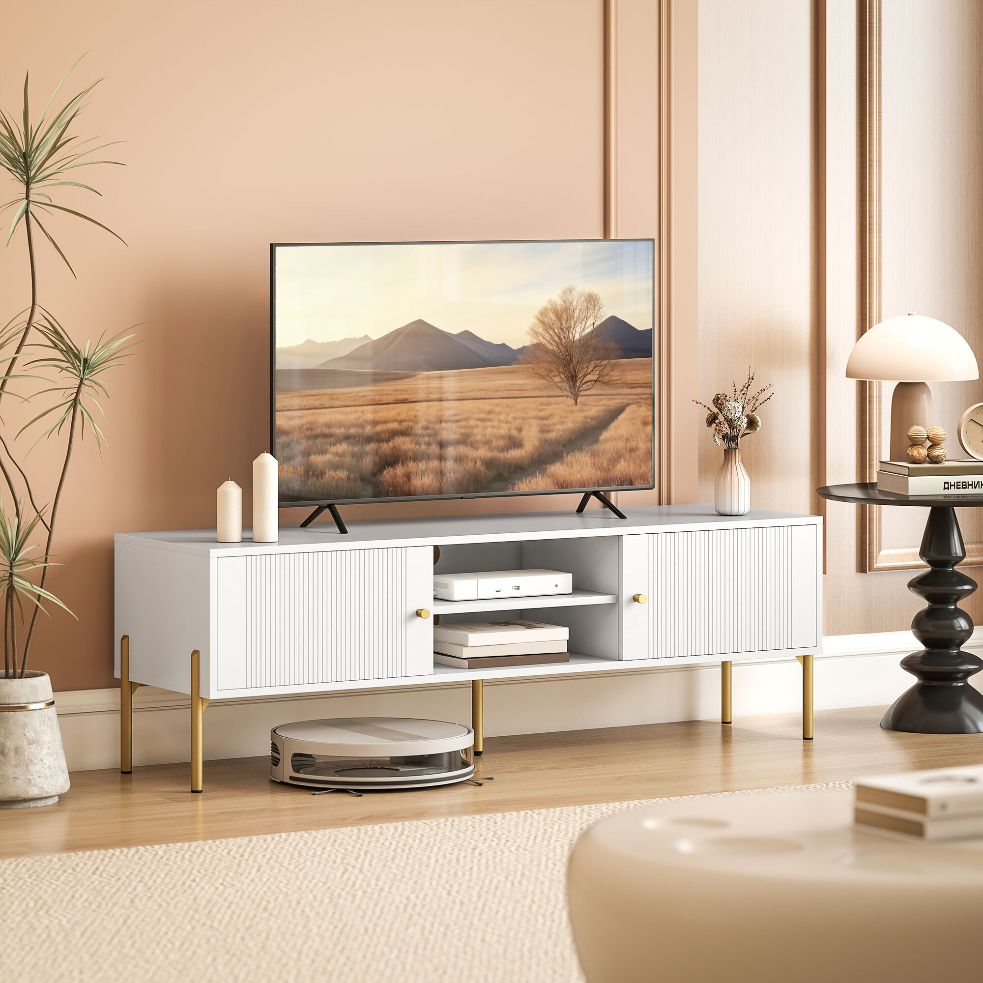 Mueble de TV Moderno de 2 Puertas, Mesa TV para Salón con 2 Estantes Abiertos Ajustables, Orificios Pasacables, Patas de Acero, para Televisión 65 Pulgadas, 140x38x45,9 cm, Blanco