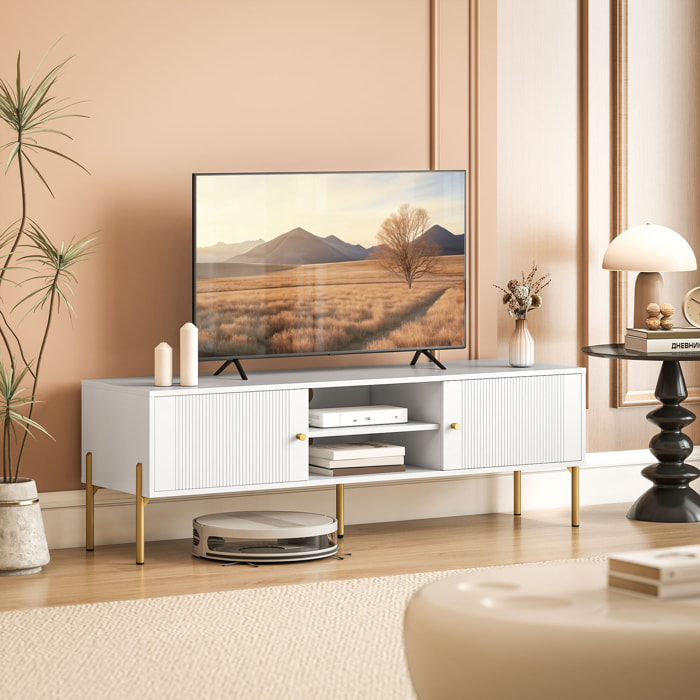 Mueble de TV Moderno de 2 Puertas, Mesa TV para Salón con 2 Estantes Abiertos Ajustables, Orificios Pasacables, Patas de Acero, para Televisión 65 Pulgadas, 140x38x45,9 cm, Blanco