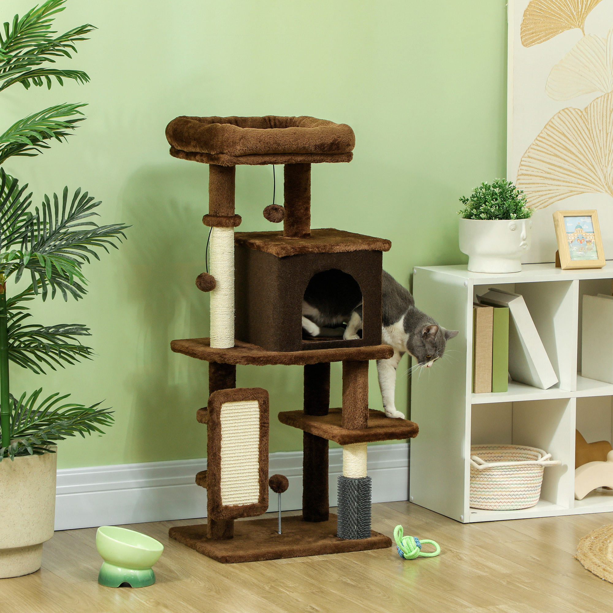 Árbol Rascador para Gatos Altura 104 cm Árbol para Gatos Torre para Gatos con Plataformas Poste con Cepillo Bolas Colgantes y Almohadilla para Rascar Marrón