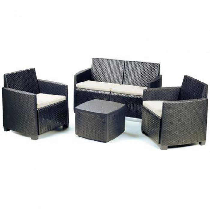 Set da esterno composto da: 2 poltrone ad un posto, 1 divano a due posti, 1 tavolino contenitore, con 4 cuscini, Made in Italy, color antracite