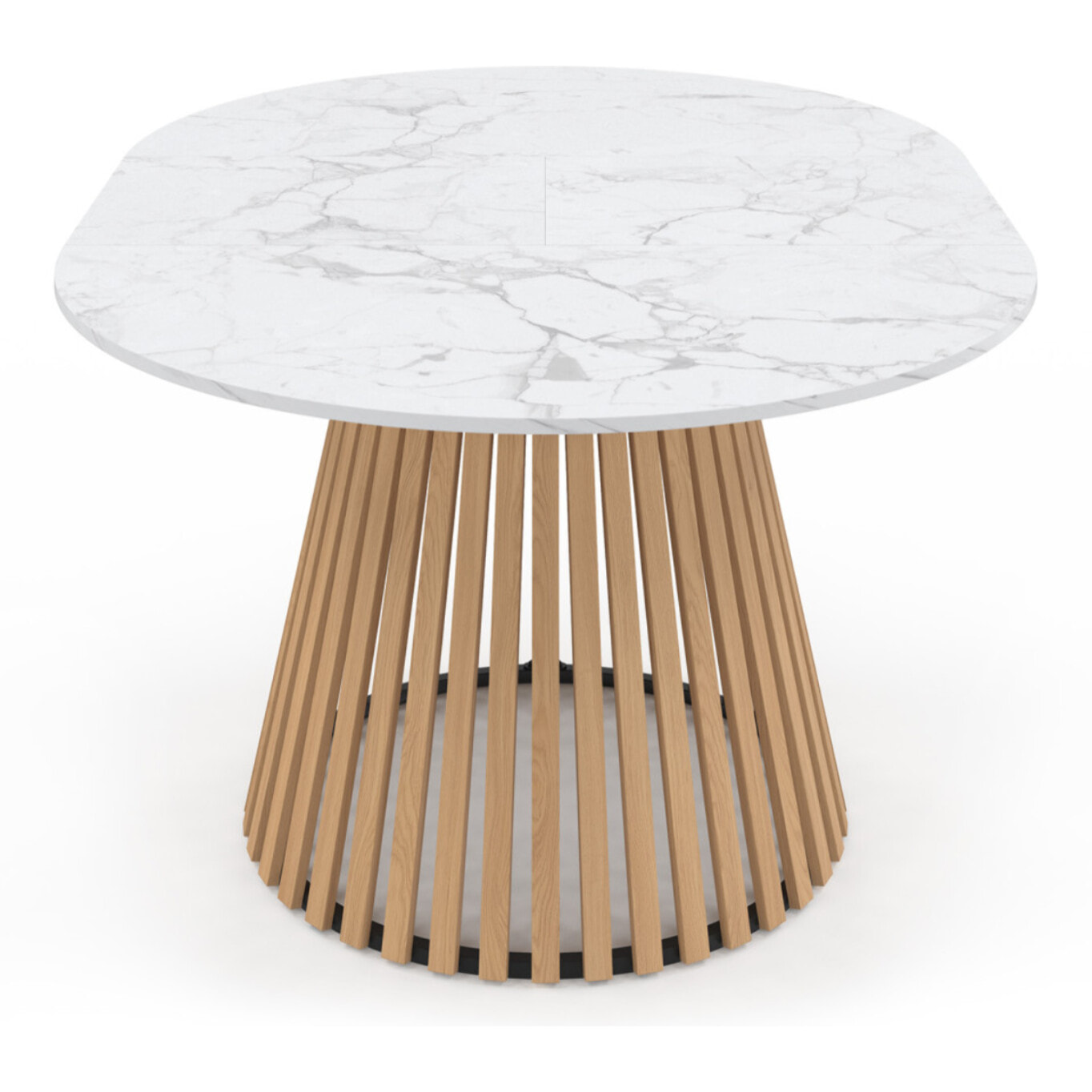 Table à manger ronde extensible Camélia effet marbre blanc et pied lattes Ø110-150cm