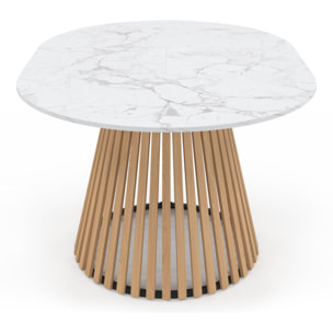 Table à manger ronde extensible Camélia effet marbre blanc et pied lattes Ø110-150cm