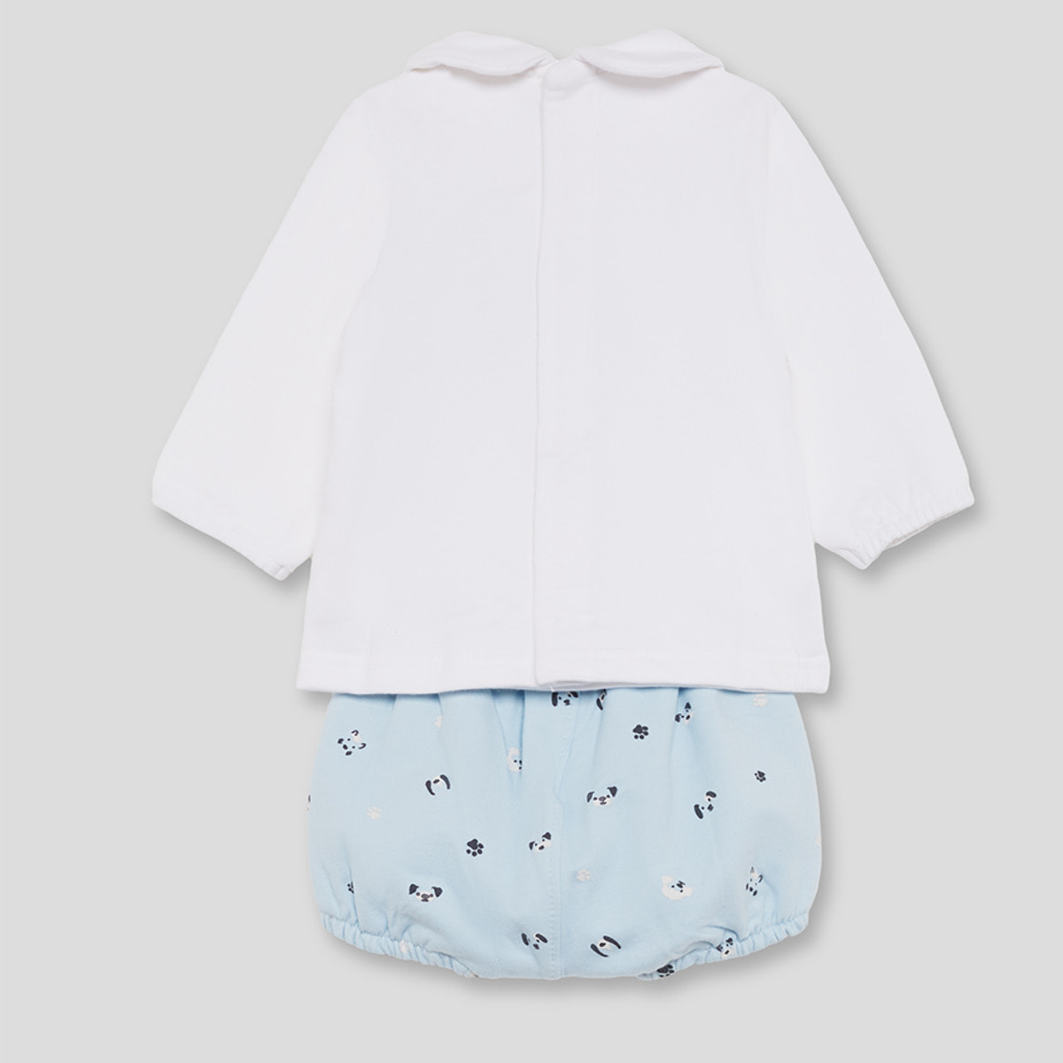 Conjunto bebé niño camiseta crudo con perrito y braguita azul de huellitas, cierre trasero de botones | Color: Blanco roto | Street Monkey